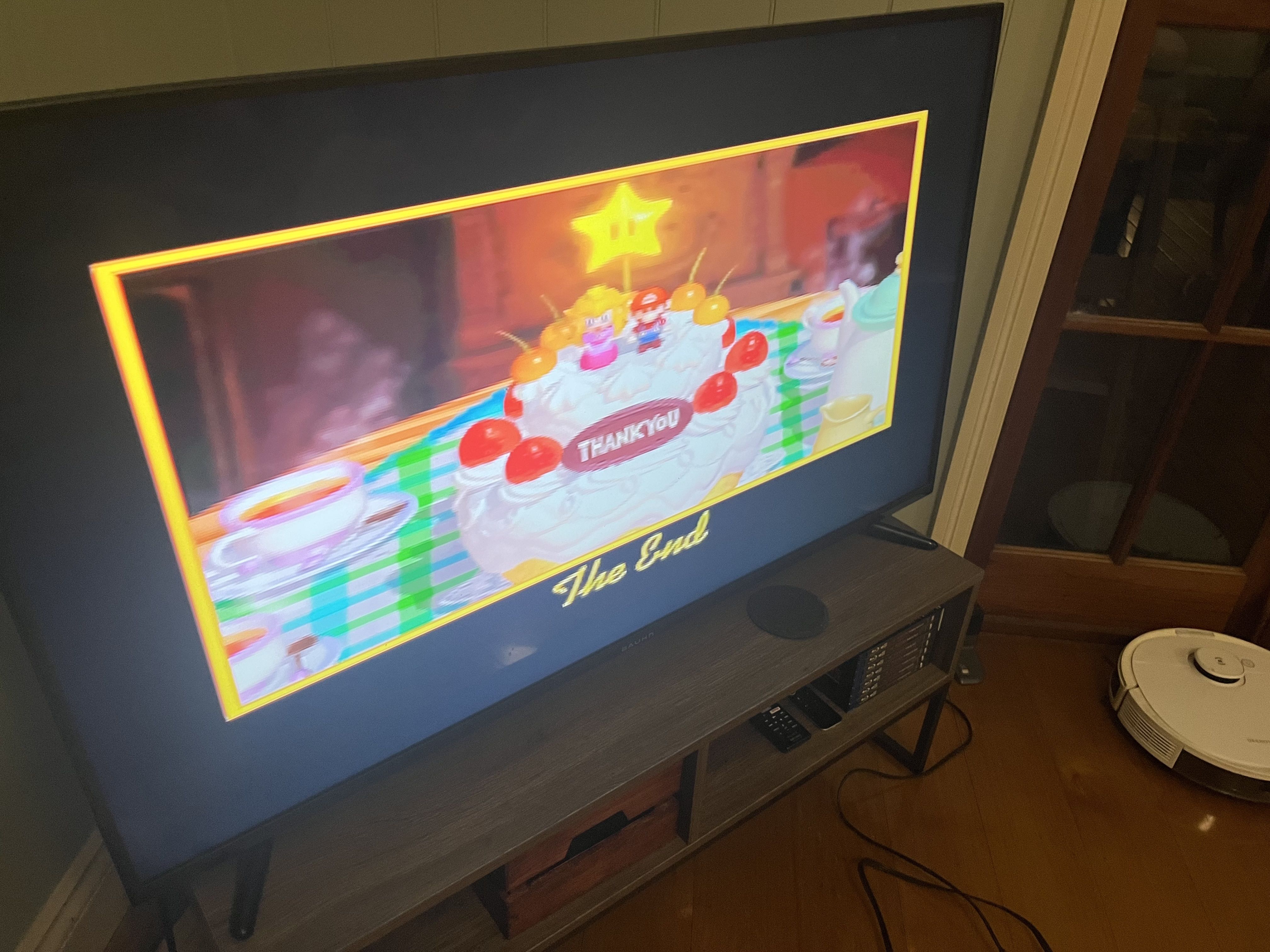 Flatscreen TV with ending screen of Mario 64